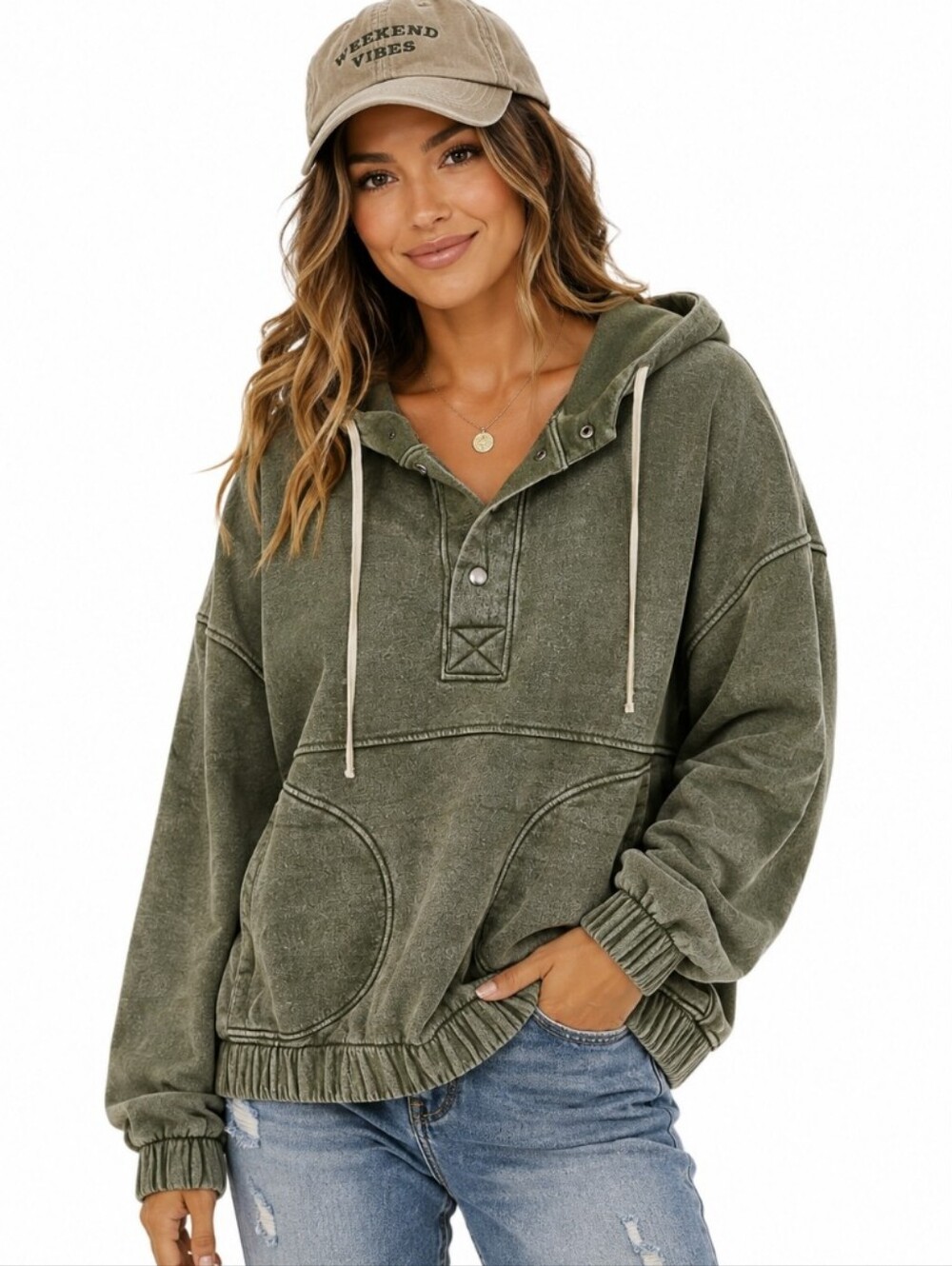 Zenana Outfitters Olive Green Hooded Pullover Small Snap Placket